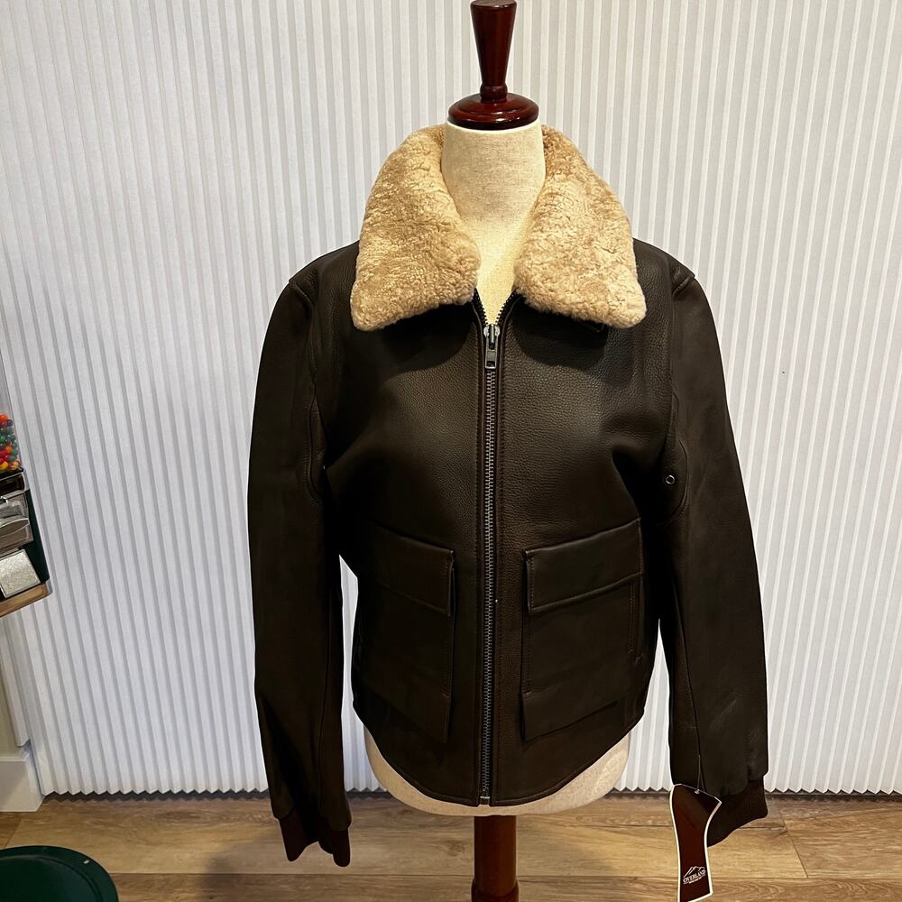 OVERLAND Women's Tracy Leather A-2 Bomber Jacket Size S In Brown/Cream - Picture 4 of 13